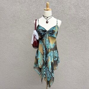 Vintage Y2K Vixen Teal & Brown Babydoll Asymmetrical Top Large Fairy Boho